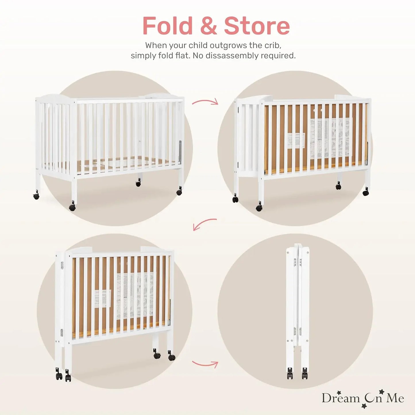 Folding Baby Crib With Quick Fold System And Adjustable Mattress