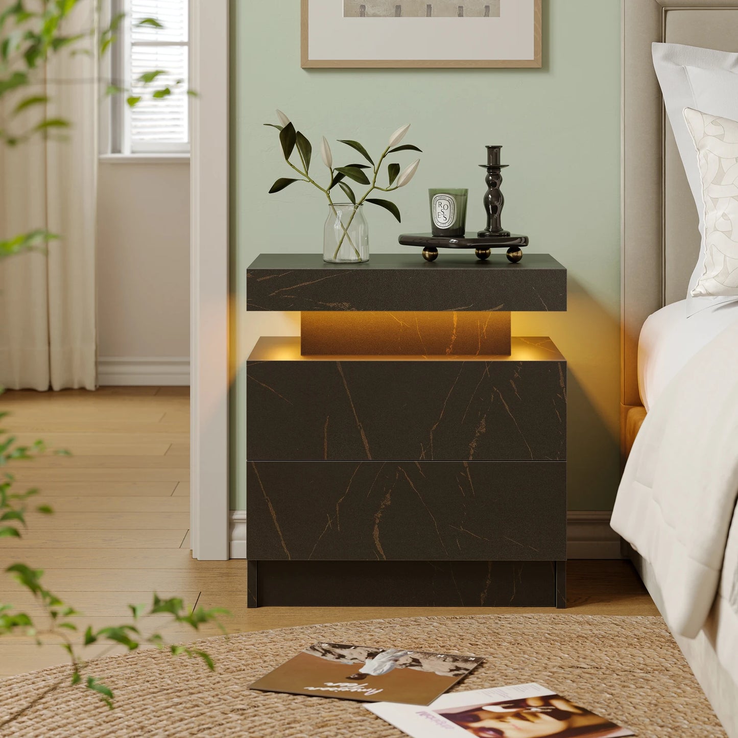 Cubehom LED Nightstand With Two Drawers And RGB Lighting