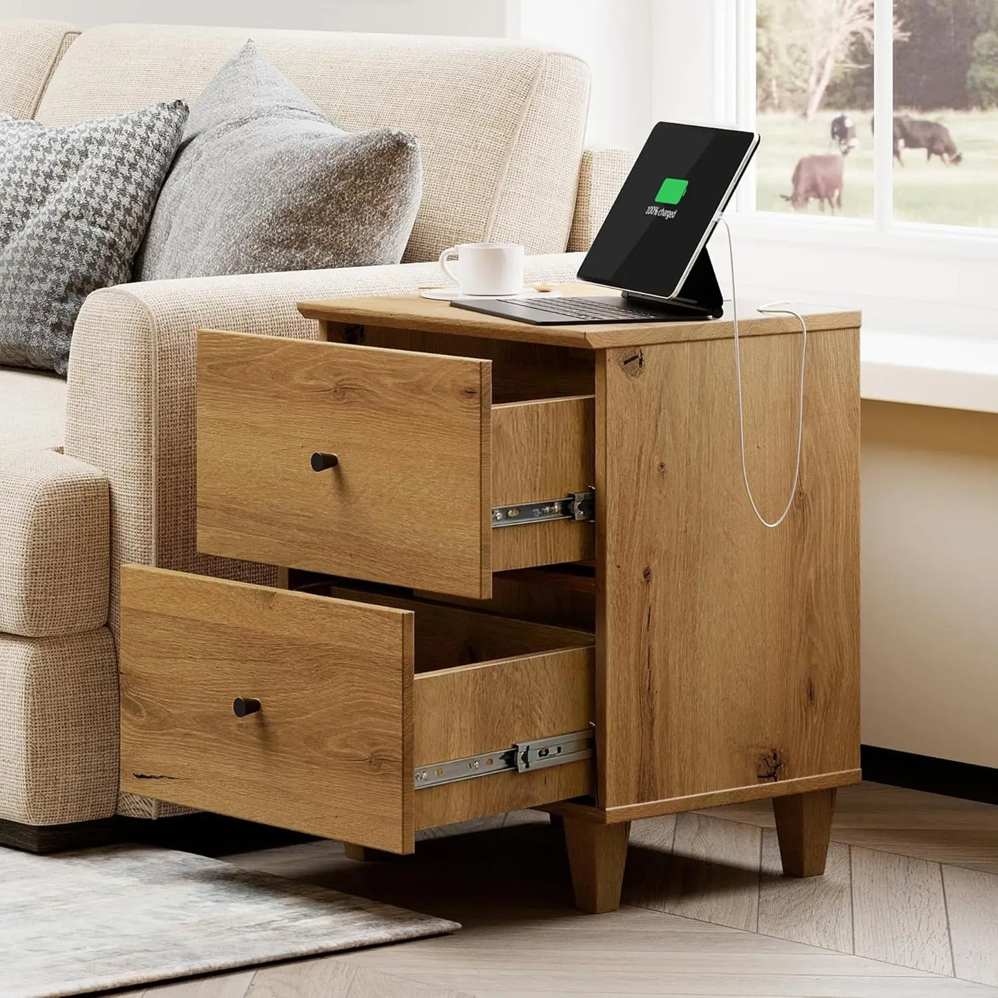 NONED Nightstand With Charging Station And Two Drawers