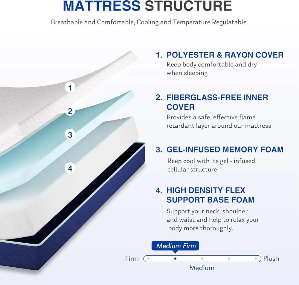 Gel Memory Foam Mattress Medium Firm For Back Pain Relief CertiPUR US Certified