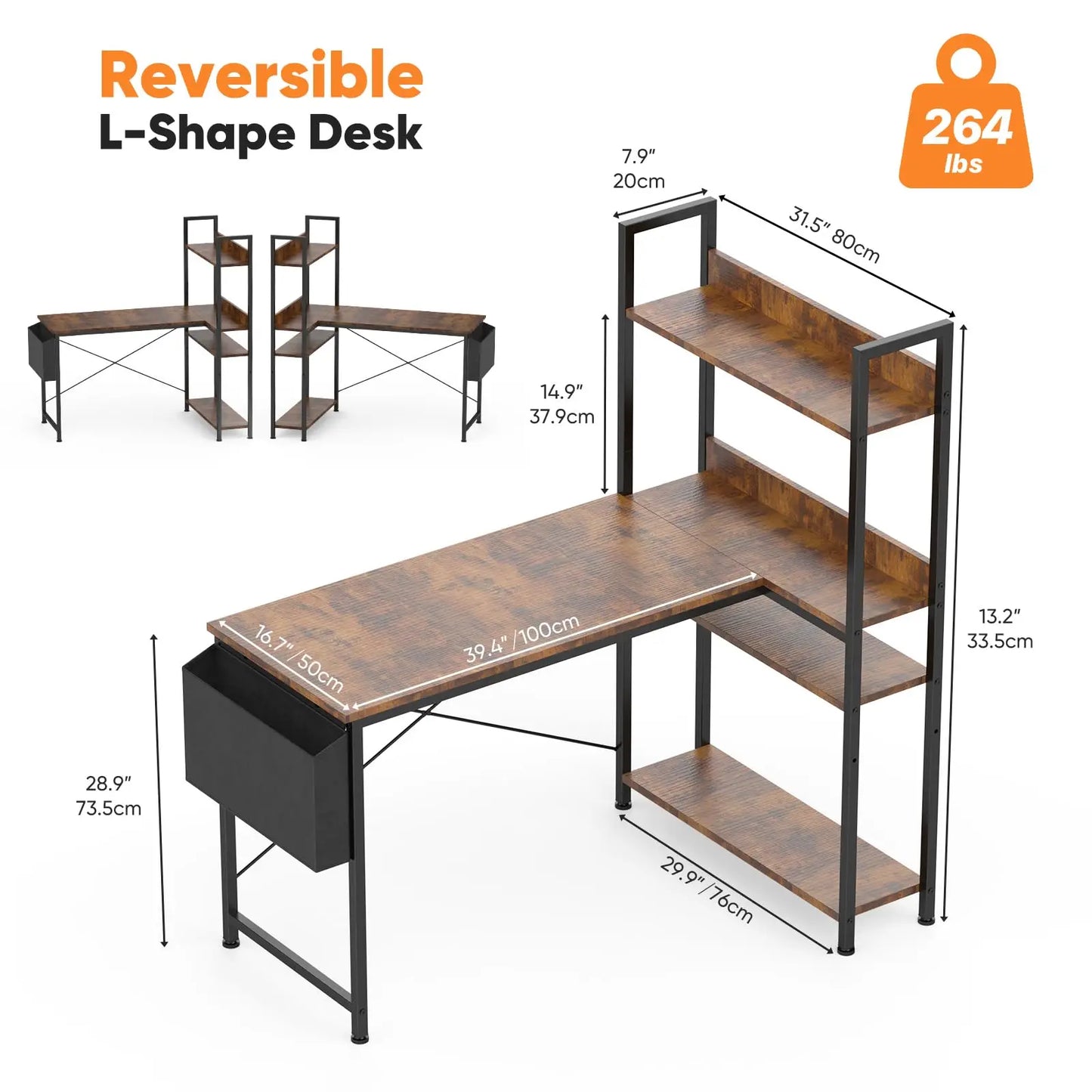 JHK 47 Inch L Shaped Desk with Storage Shelf Computer Table Gaming Wood Tables with Side Bag Adjustable Feet for Home Office