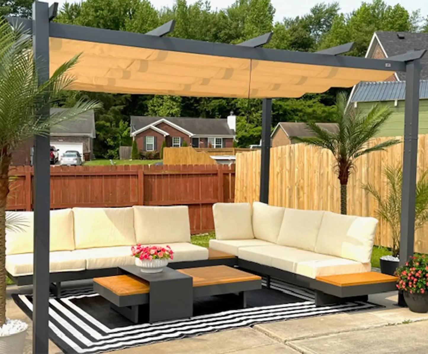 Aluminum Pergola With Retractable Double Canopy Wind Resistant Outdoor