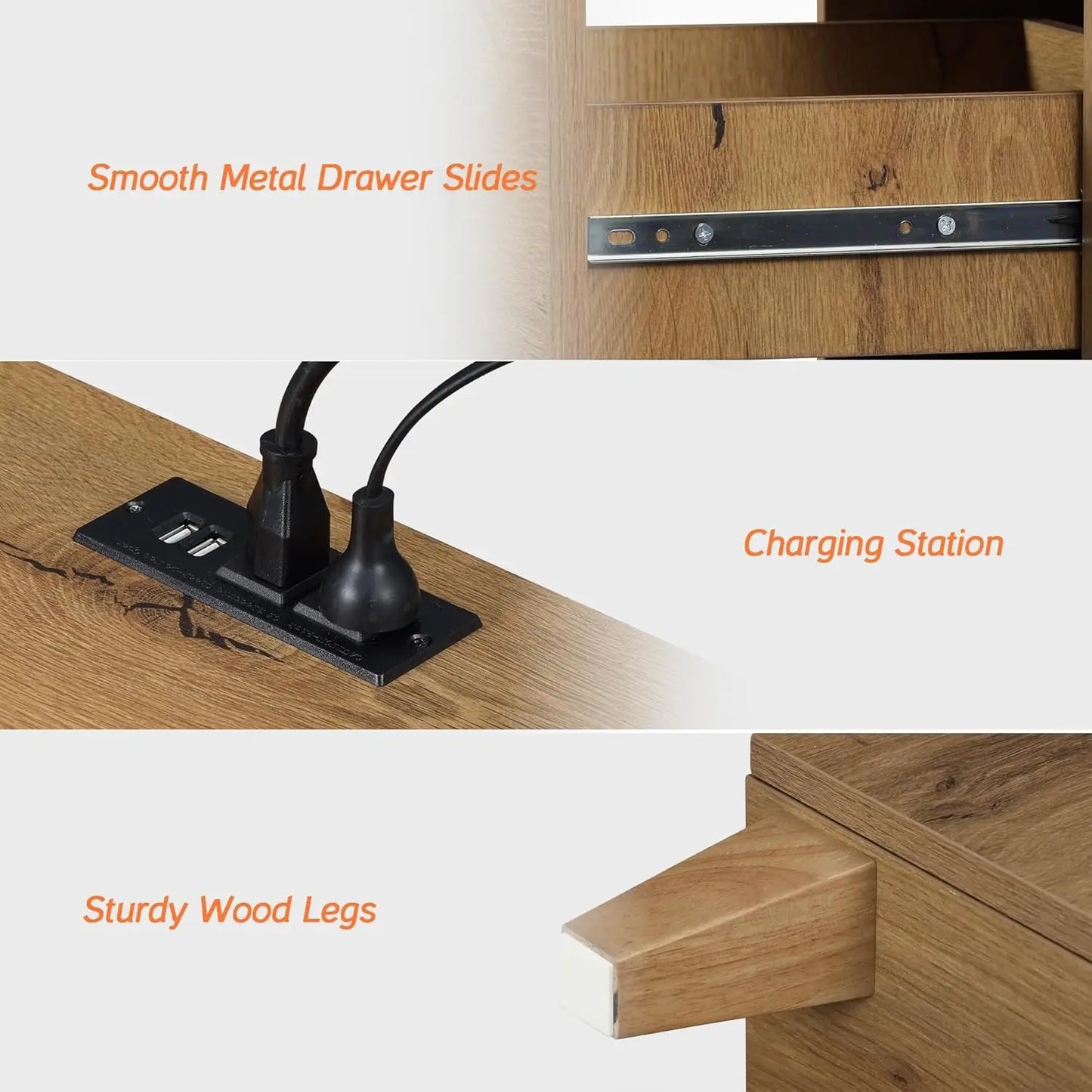 NONED Nightstand With Charging Station And Two Drawers