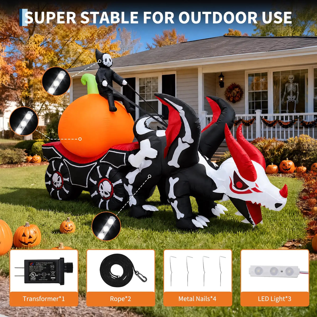 HiMISS Grim Reaper Dragon Carriage Halloween Inflatable Yard Decoration