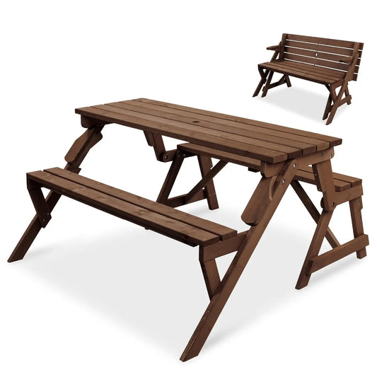 2-In-1 Transforming Outdoor Wooden Picnic Table Bench For Backyard Patio