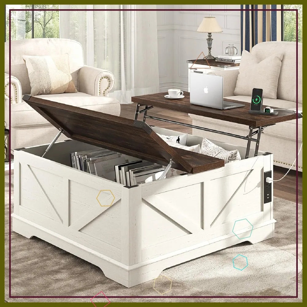 Farmhouse Lift-Top Coffee Table With Power Outlets And Hidden Storage