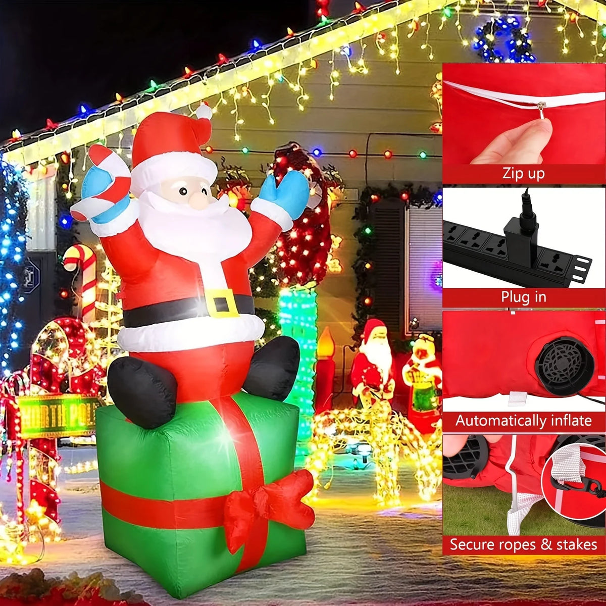 LED Inflatable Santa Claus With Candy Cane And Gift Sack