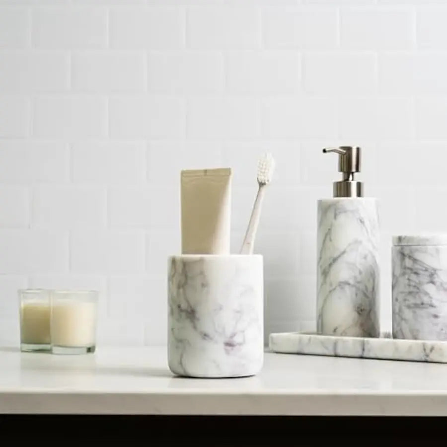 Marble Bathroom Vanity Set With Soap Dispenser And Toothbrush Holder