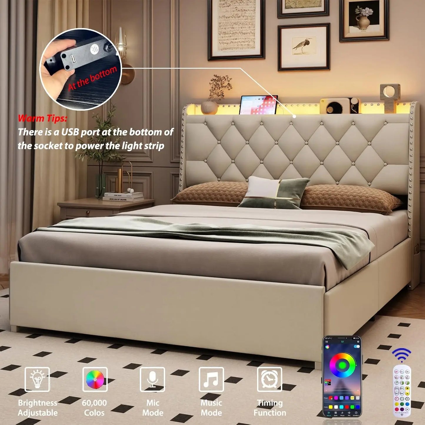 Bed Frame With 4 Drawers Storage Headboard LED Lights USB