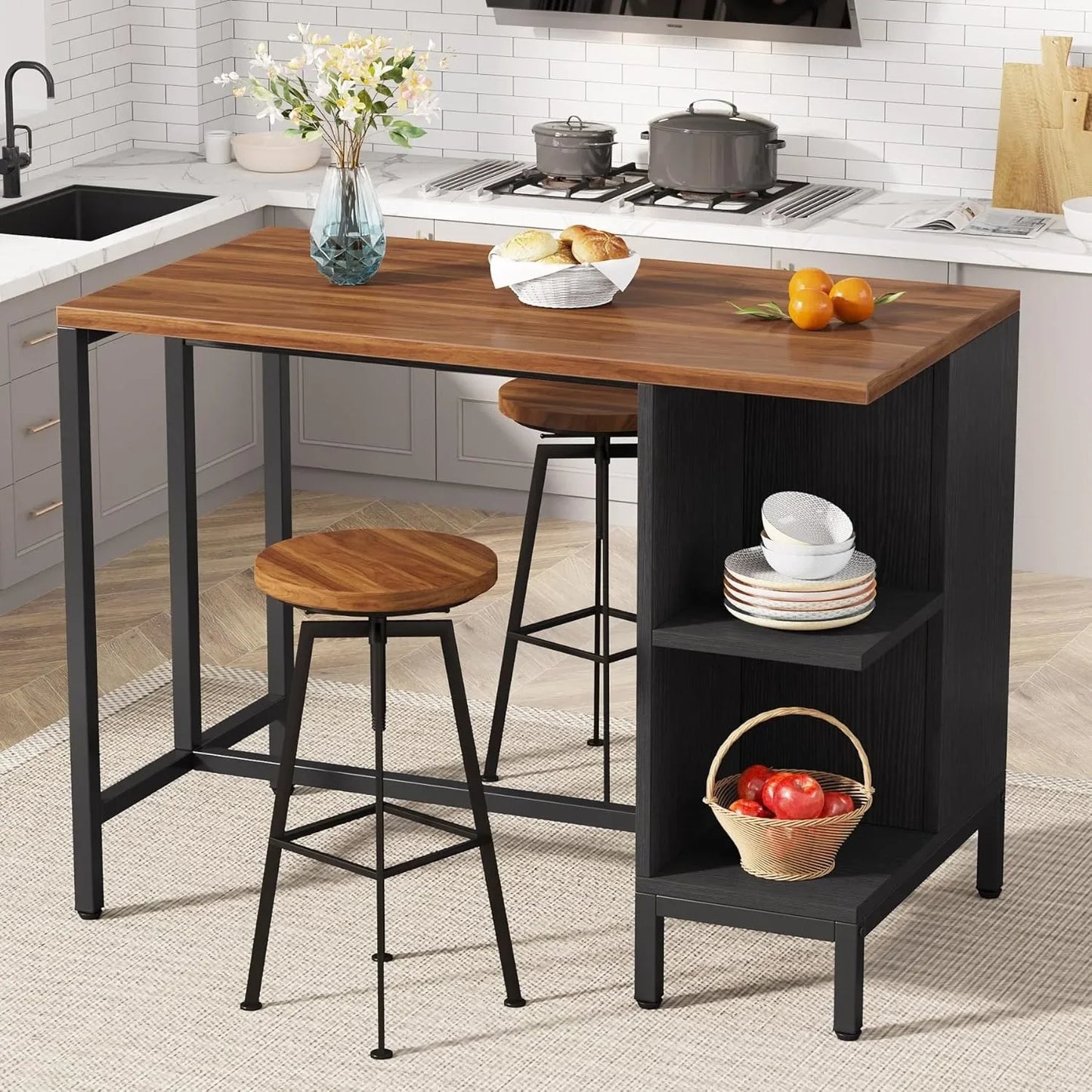 Kitchen Shelf Kitchen Bar Table with 5 Open Storage Shelves and Worktop, Industrial Butcher Block Island (Stools Not Included)