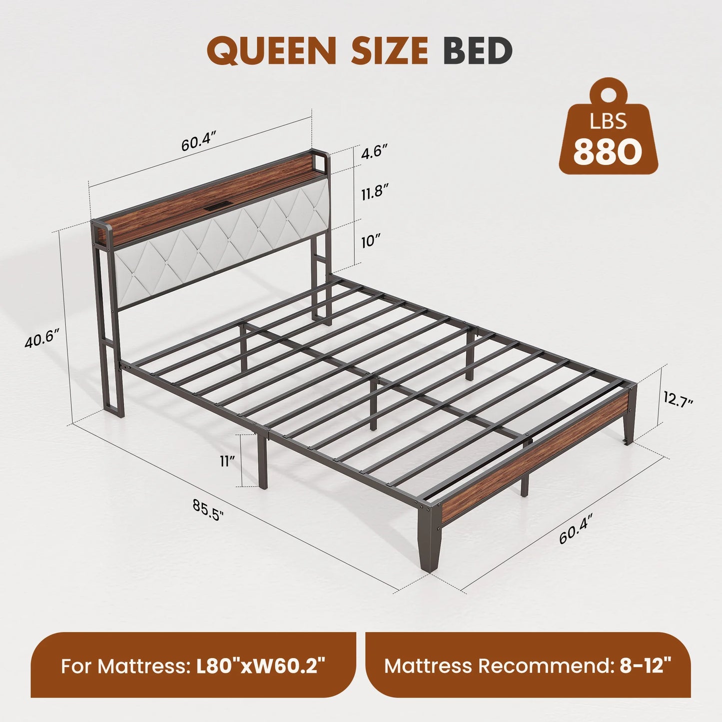 JHK Heavy Duty Metal Bed Frame With Charging Station