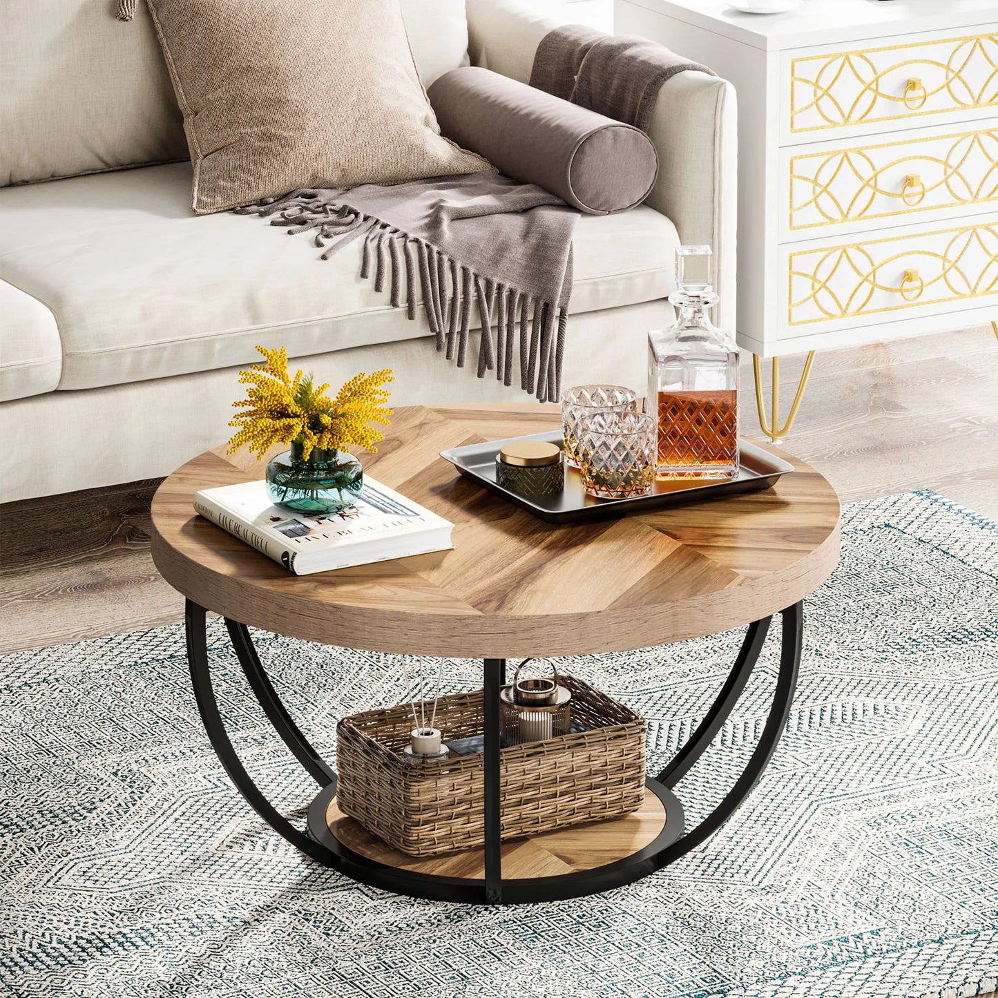 Tribesigns Round Coffee Table With Storage Shelves