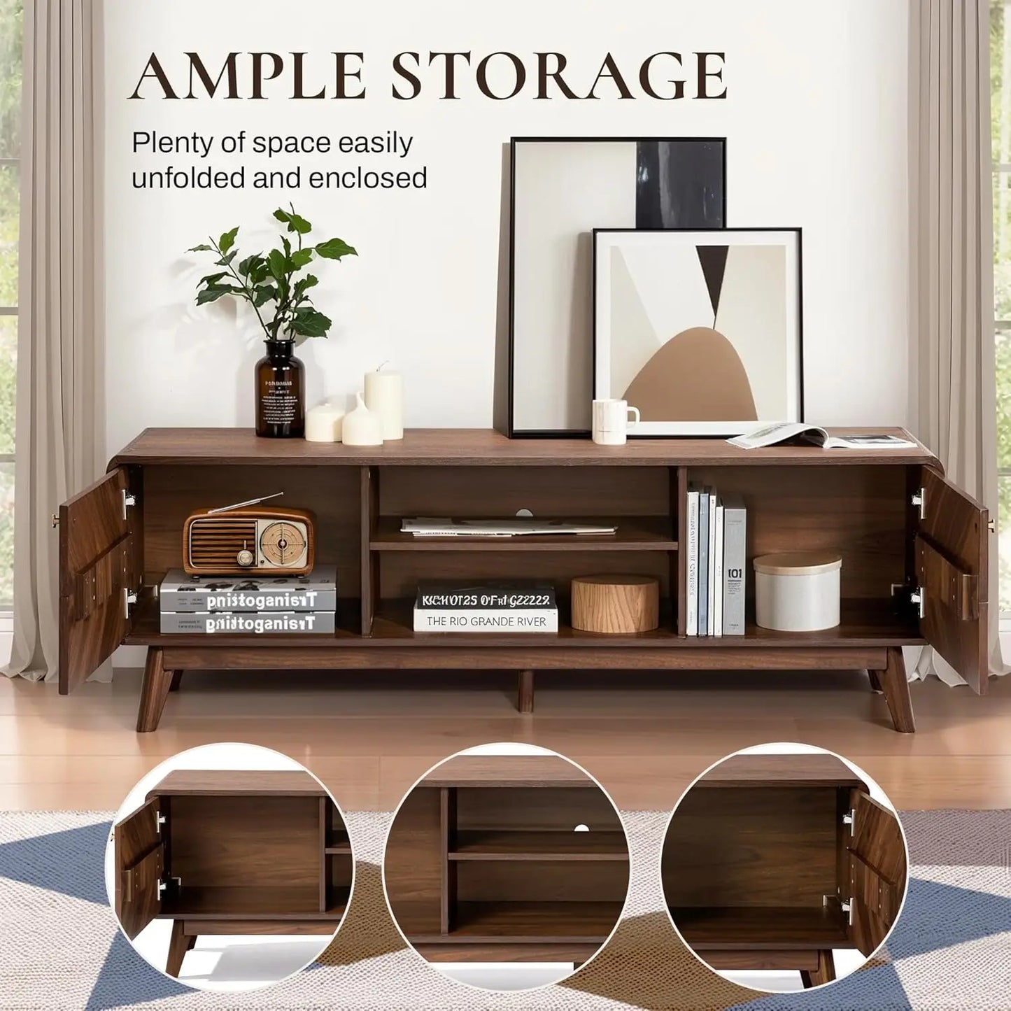 Mid Century TV Stand For Living Room Entertainment Center With Storage