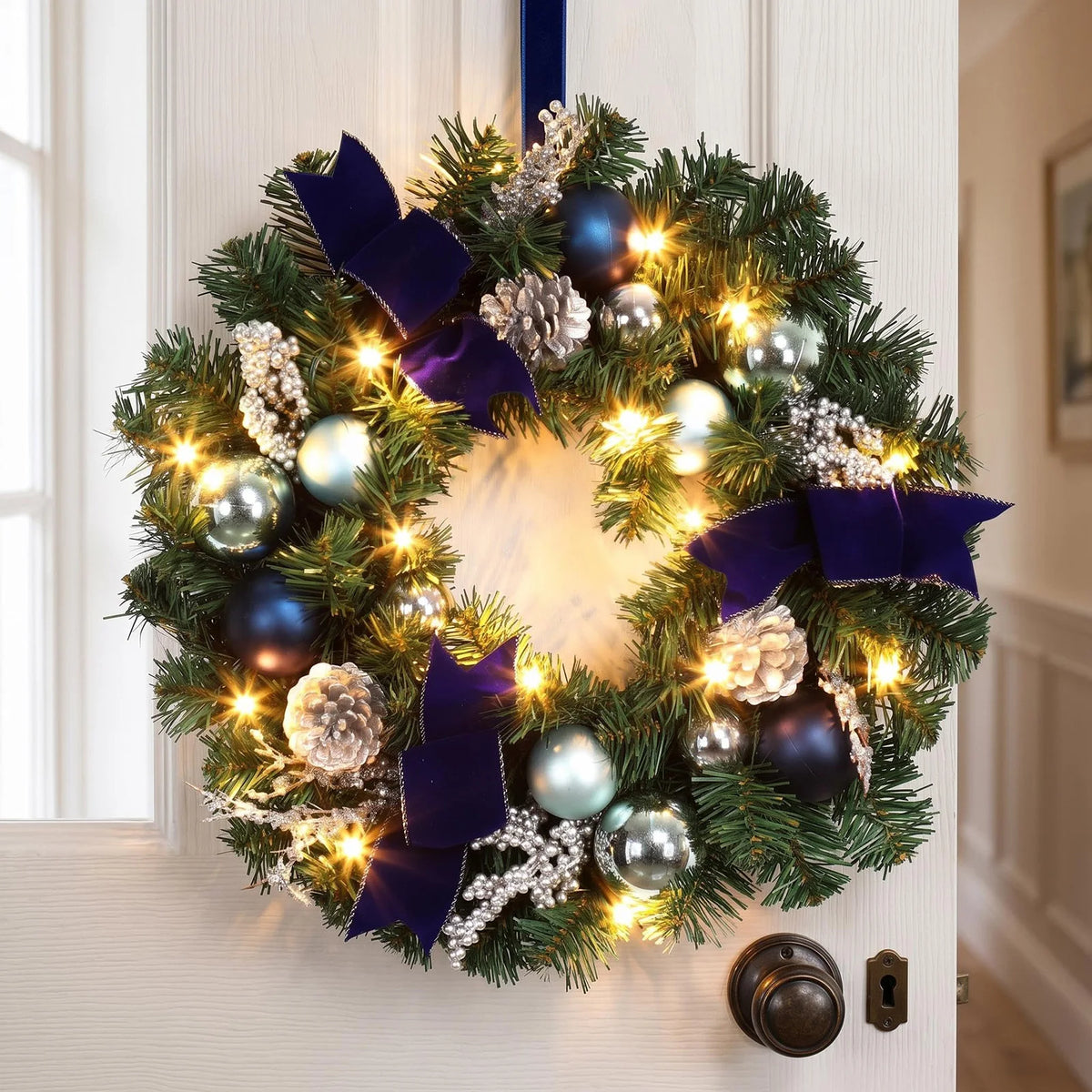 HiMISS Lighted Christmas Wreath With LED Lights And Velvet Bows