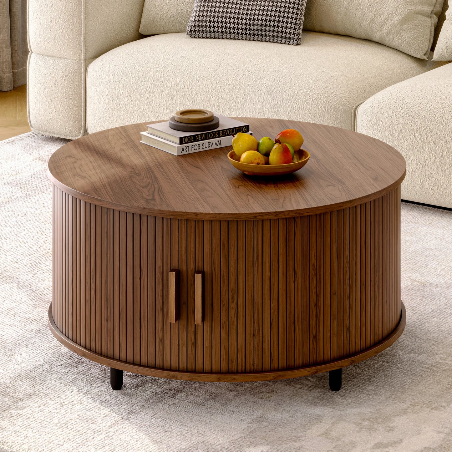 Round Coffee Table With Storage Drum Design And Sliding Door