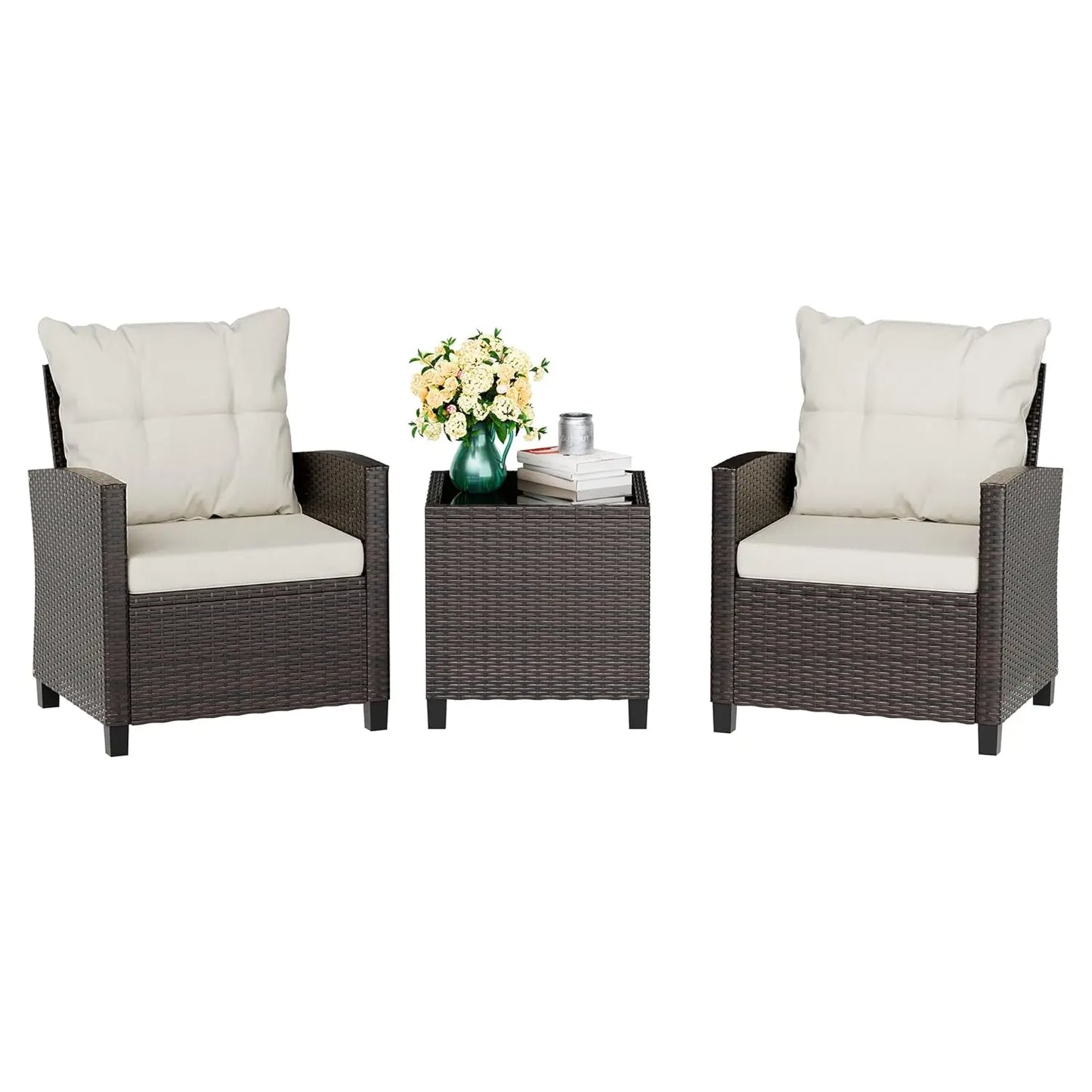 3 Piece Patio Furniture Set Small Outdoor Wicker Rattan Front Porch Bistro Set Cushioned Patio Chairs Conversation, Customized