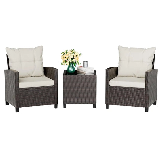 3 Piece Patio Furniture Set Small Outdoor Wicker Rattan Front Porch Bistro Set Cushioned Patio Chairs Conversation, Customized