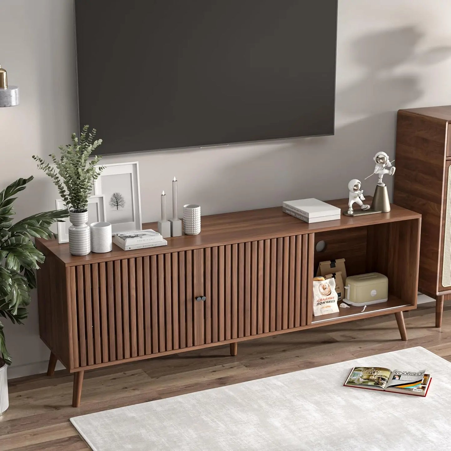 Mid Century Modern TV Stand With Sliding Doors And Storage