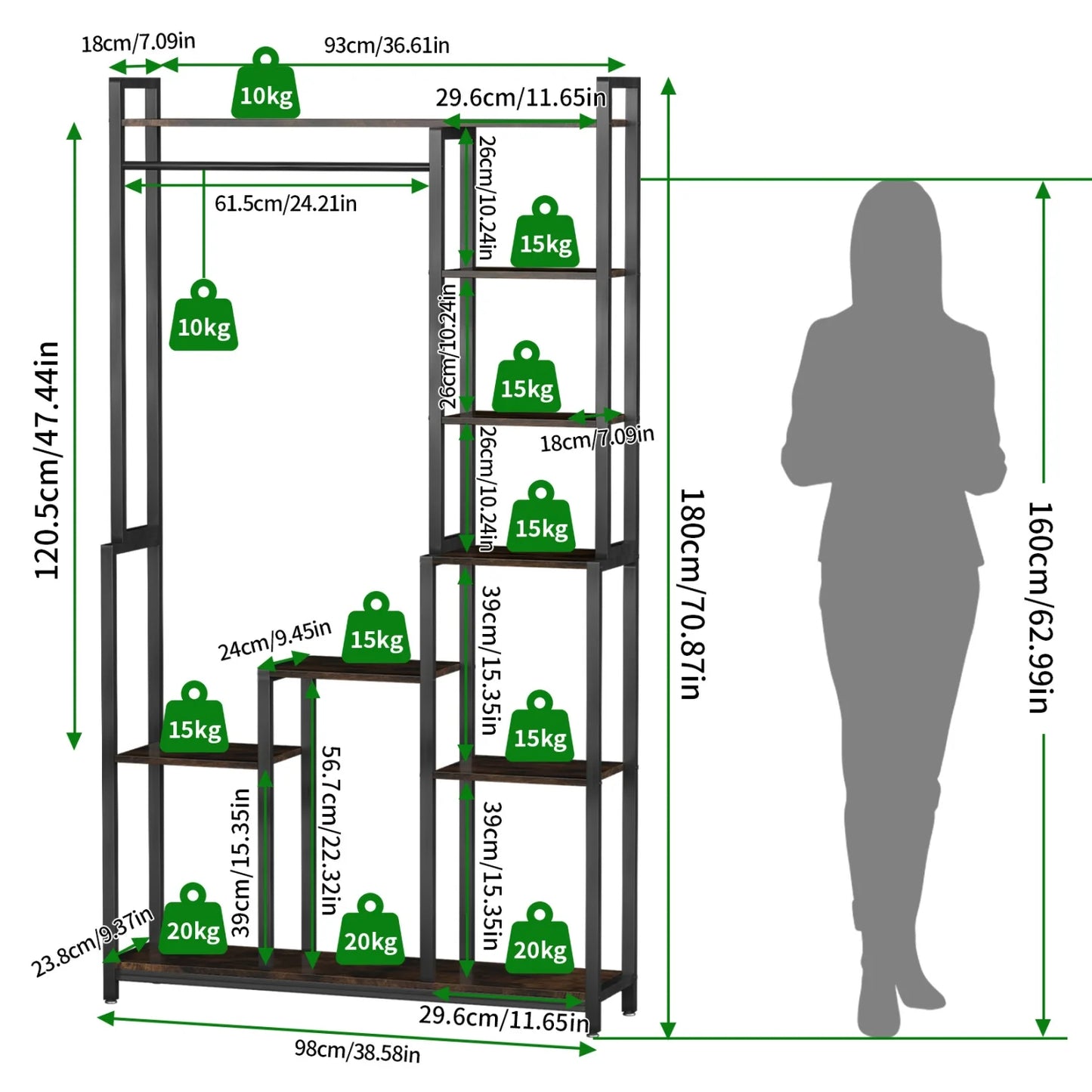 Indoor Plant Stand With Shelves And Hanging Rod Metal Frame