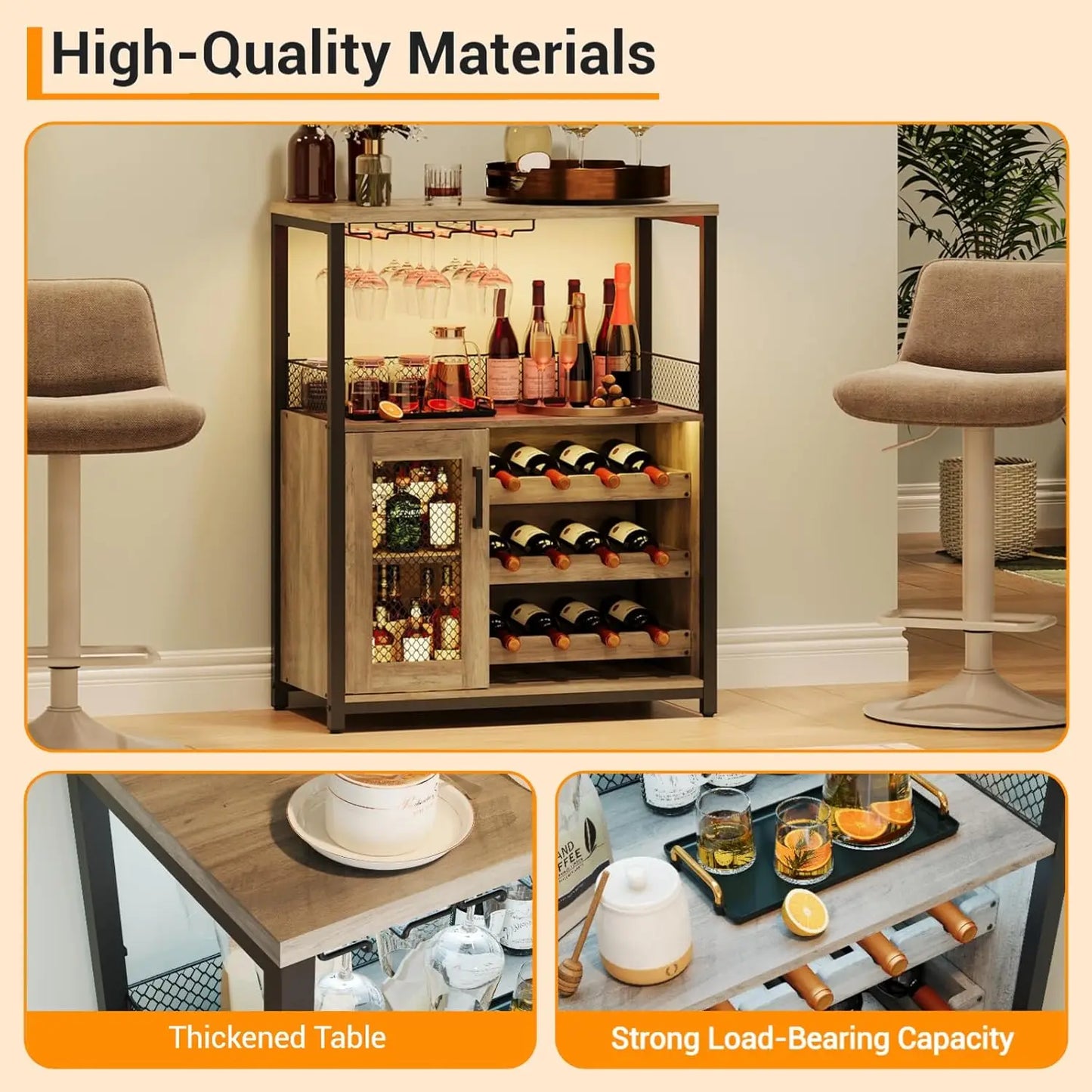 Wine Bar Rack Cabinet with Storage Space & Detachable Wine Rack, Coffee Bar with Glass Holder 3-Tier Kitchen Buffet Cabinet