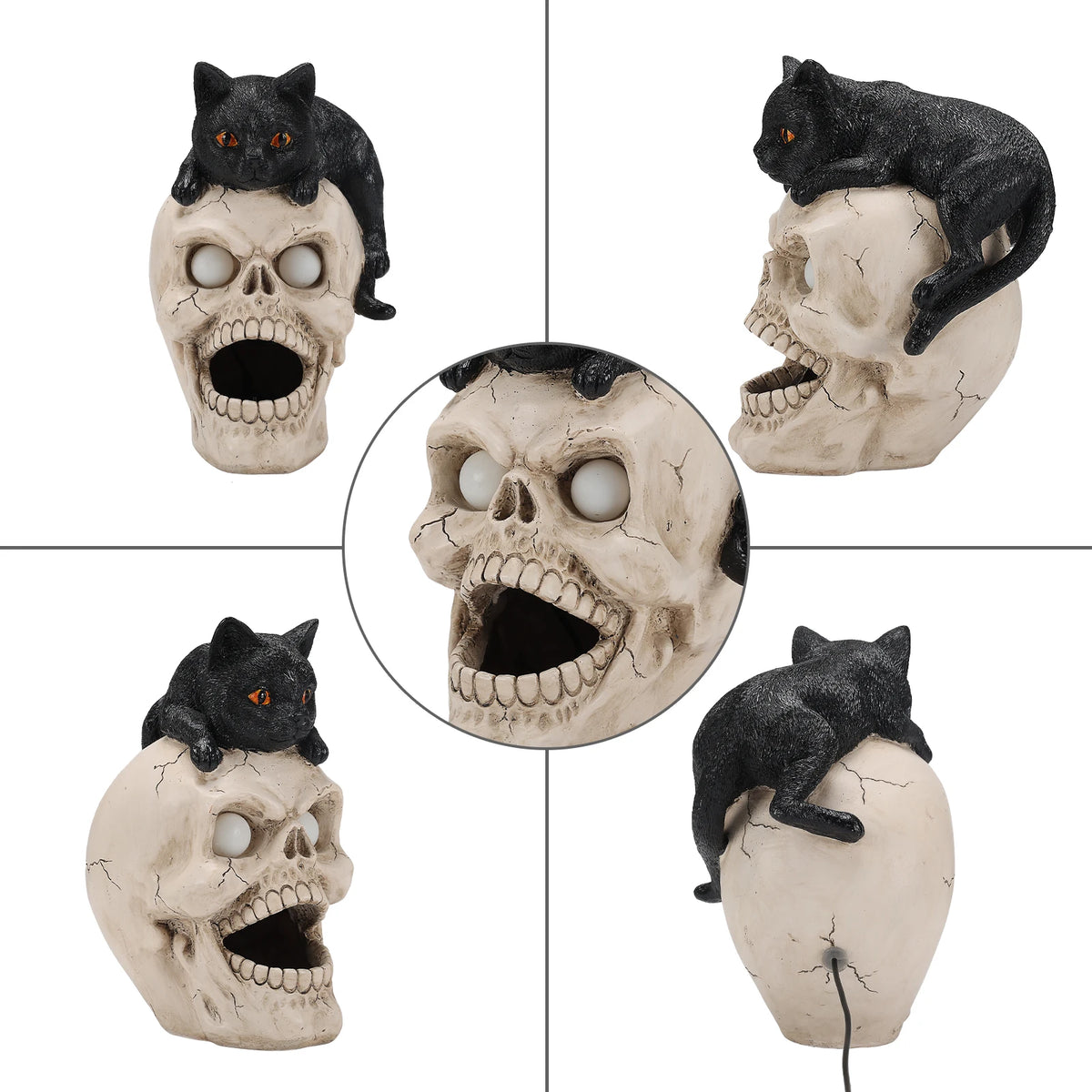Halloween Black Cat Skull Statue With Fog And LED Lights