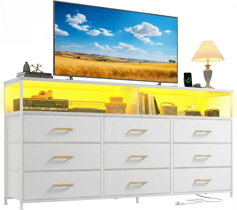 Long Dresser TV Stand With Nine Drawers And Outlets