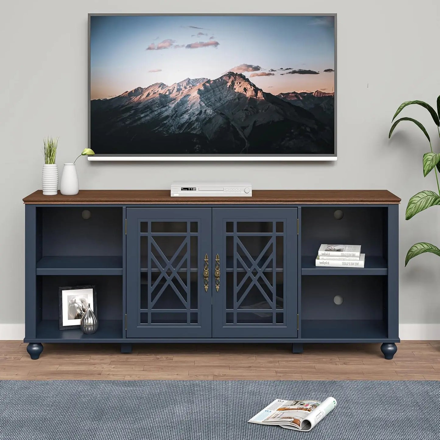 Farmhouse TV Stand Entertainment Center With Glass Doors And Shelves