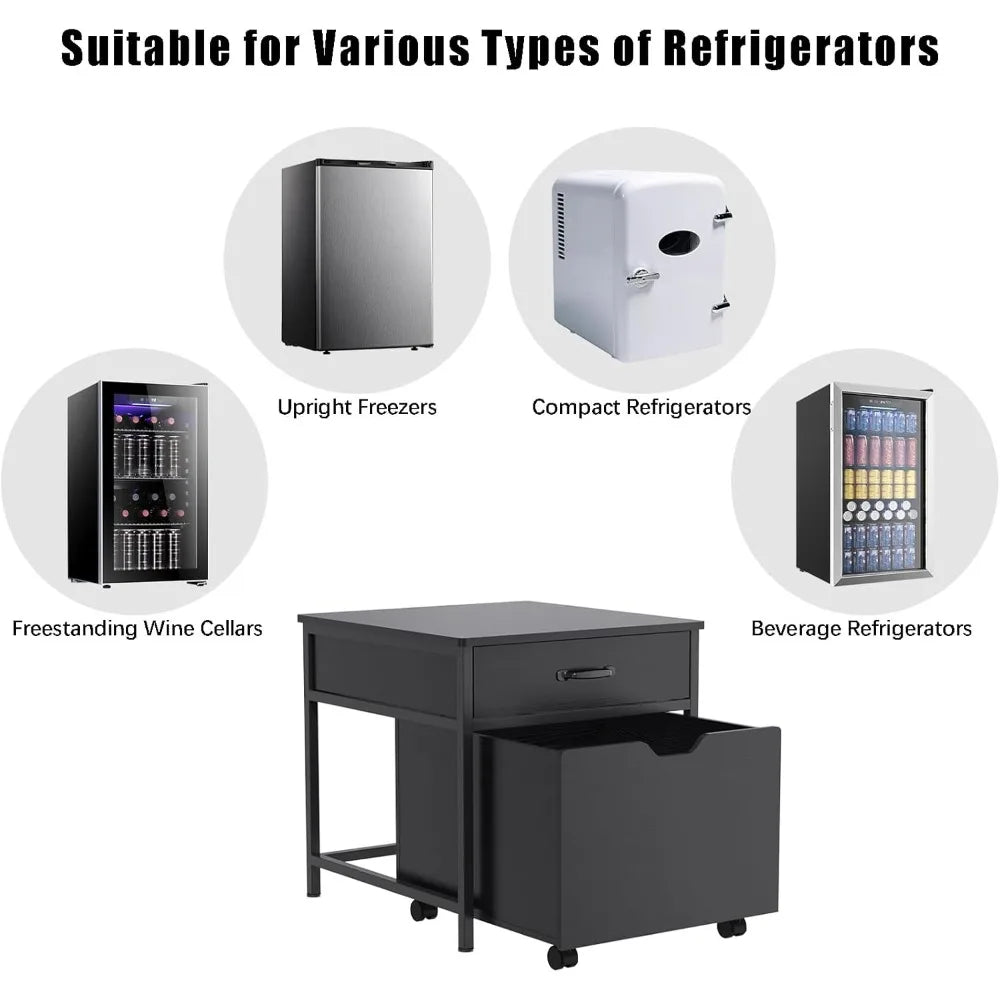 Mini Fridge Stand with Storage, Heavy Duty Mini Fridge Table with Rolling Cabinet 220LBS Capacity Tabletop for Dorm, Apartment,