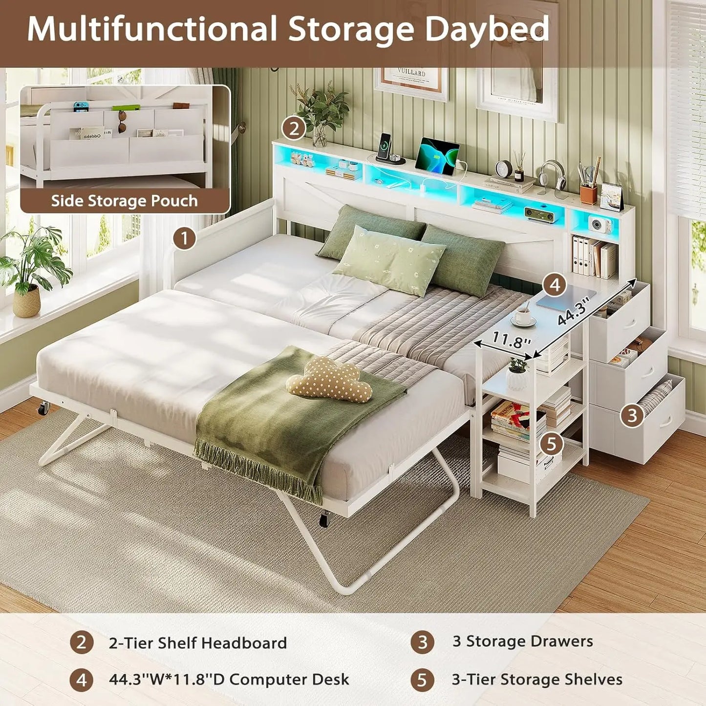 Folded Daybed With Pop Up Trundle And Storage Drawers