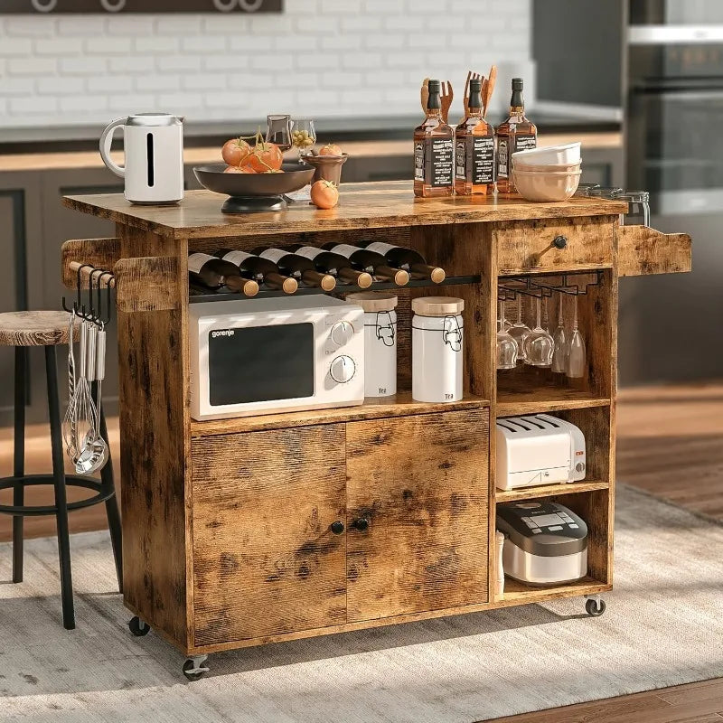 8-in-1 Rolling Kitchen Cart, Drop-Leaf Island with Wine & Spice Racks, Vintage Brown