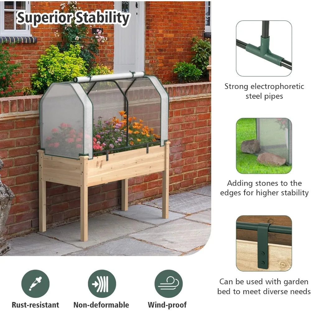 Raised Garden Bed with Greenhouse Cover, Elevated Wooden Planter Box, 48”L x 22”W x 30”H, Outdoor Gardening Planting
