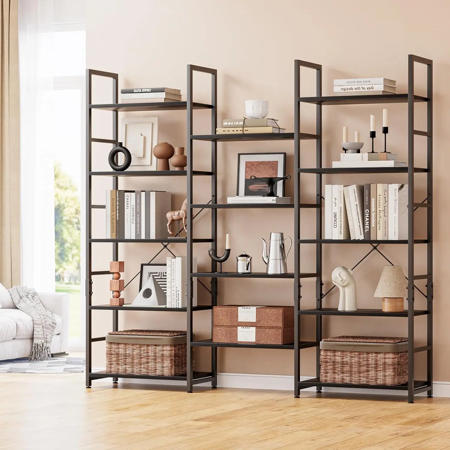 Wide 5 Tier Triple Bookshelf With 14 Open Display Shelves