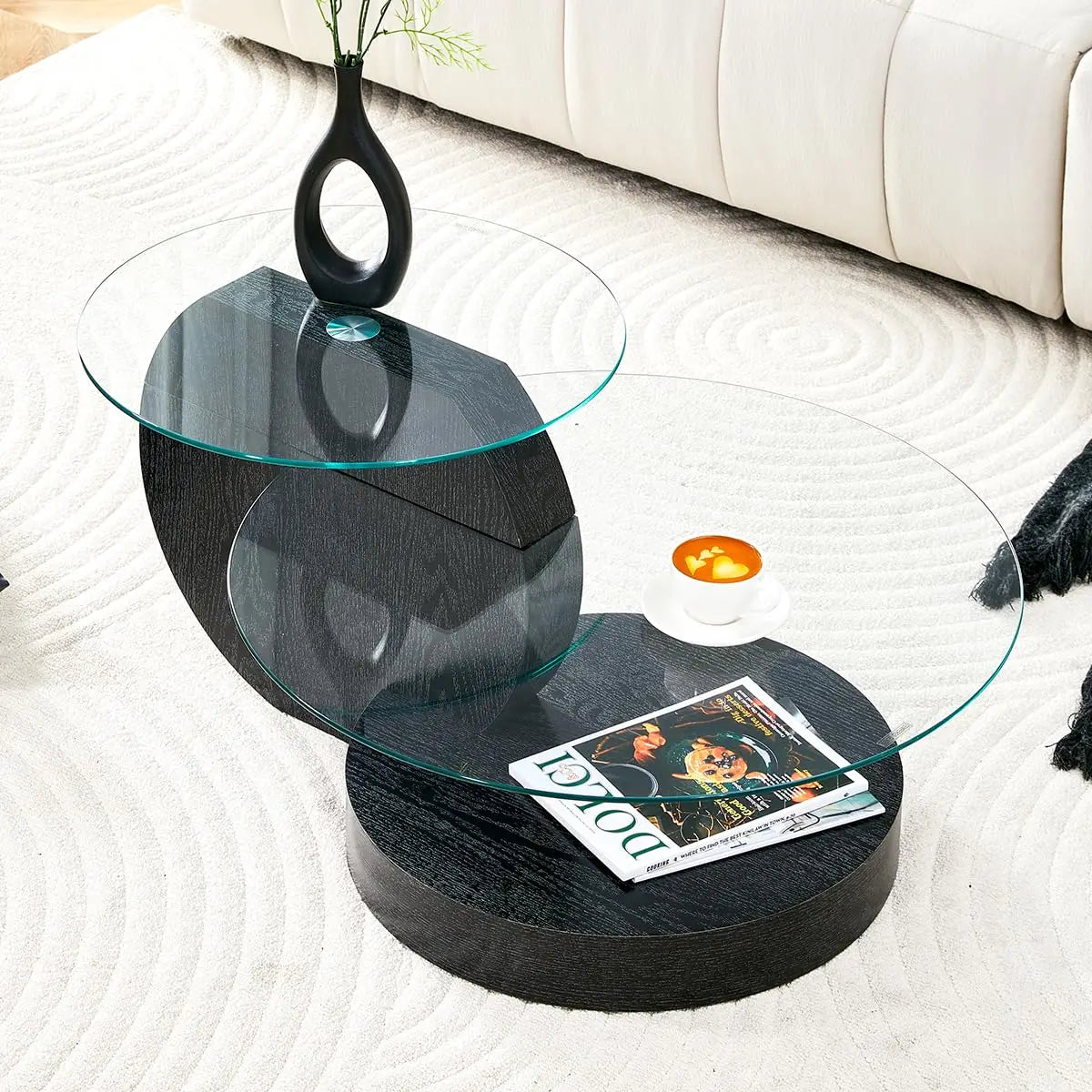 Tempered Glass Coffee Table With Three Tier Wood Base