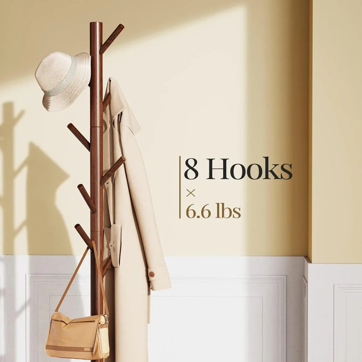 XIUWO Height Adjustable Wooden Coat Tree With 8 Hooks