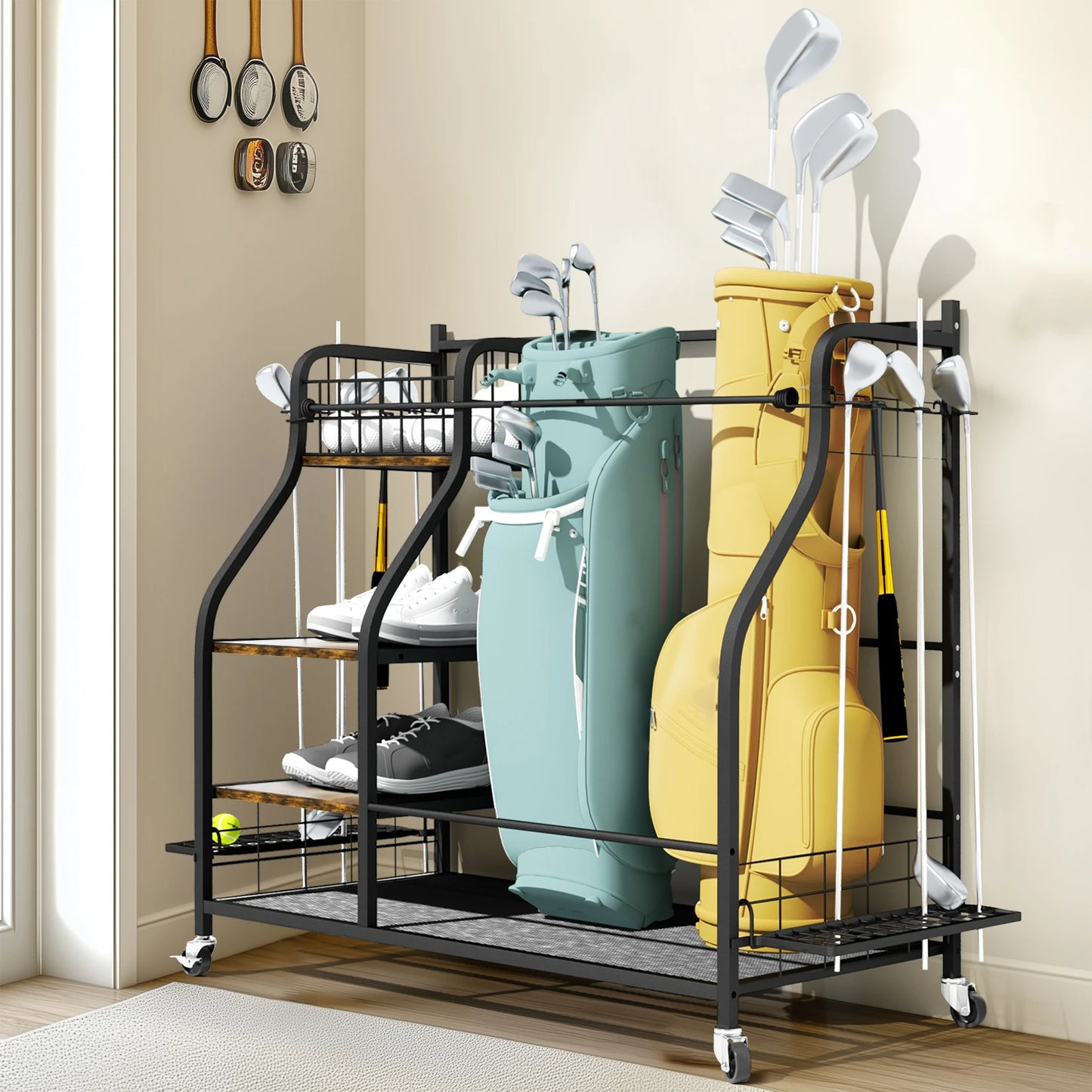 Durable Metal Rolling Golf Bag Storage Rack With Wheels