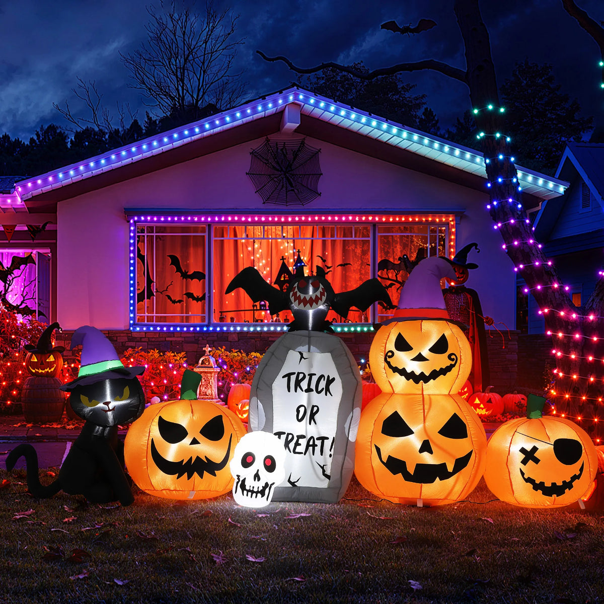 HiMISS Halloween Pumpkin Cat Tombstone Inflatable Decor With LED Lights
