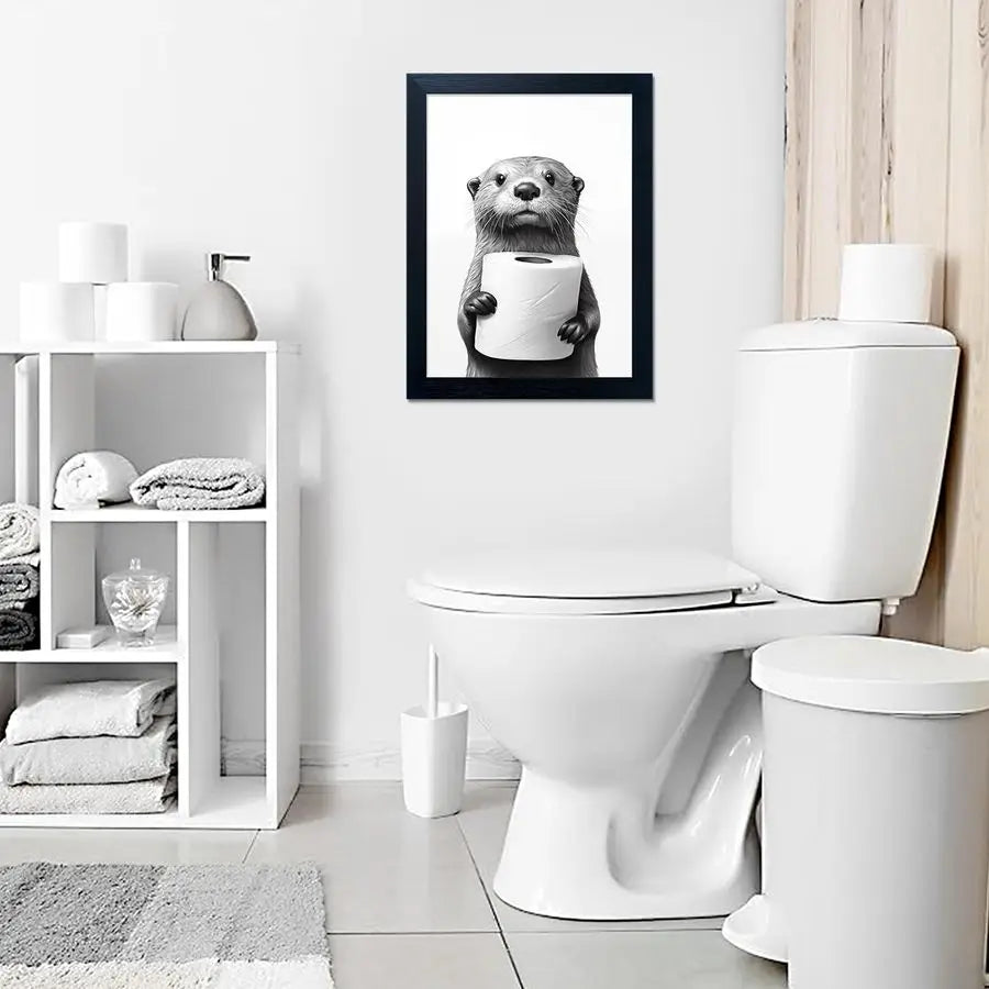 Funny Toilet Paper Raccoon Wall Art, Framed Bathroom Decor