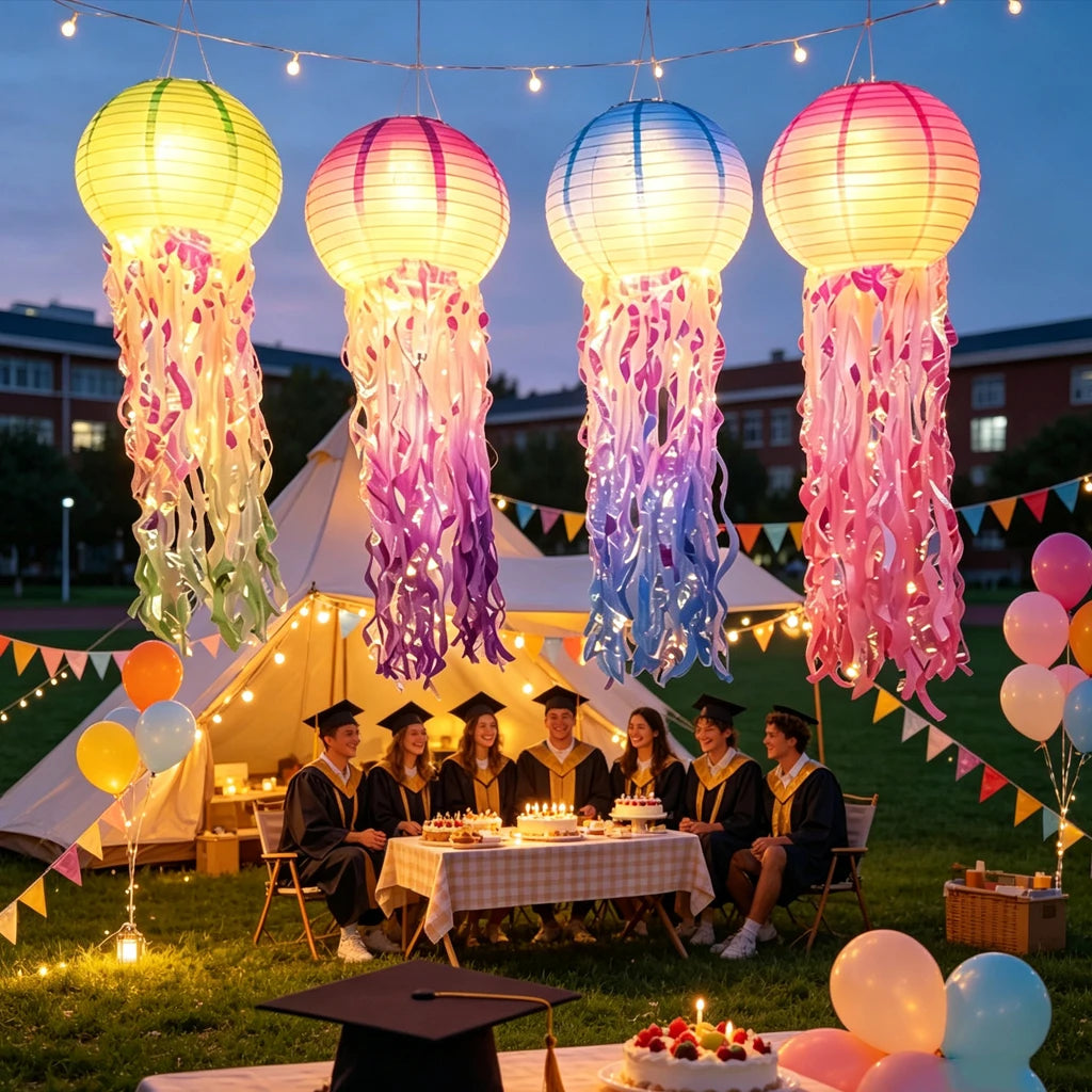 LED Jellyfish Paper Lanterns With Iridescent Tassels For Ocean Parties