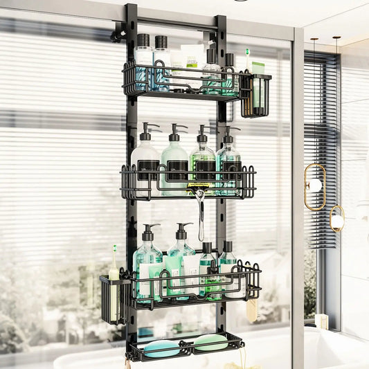4-Tier Adjustable Over-the-Door Shower Caddy with 22 Hooks, 2 Toothbrush Holders, No Drilling Needed - Black