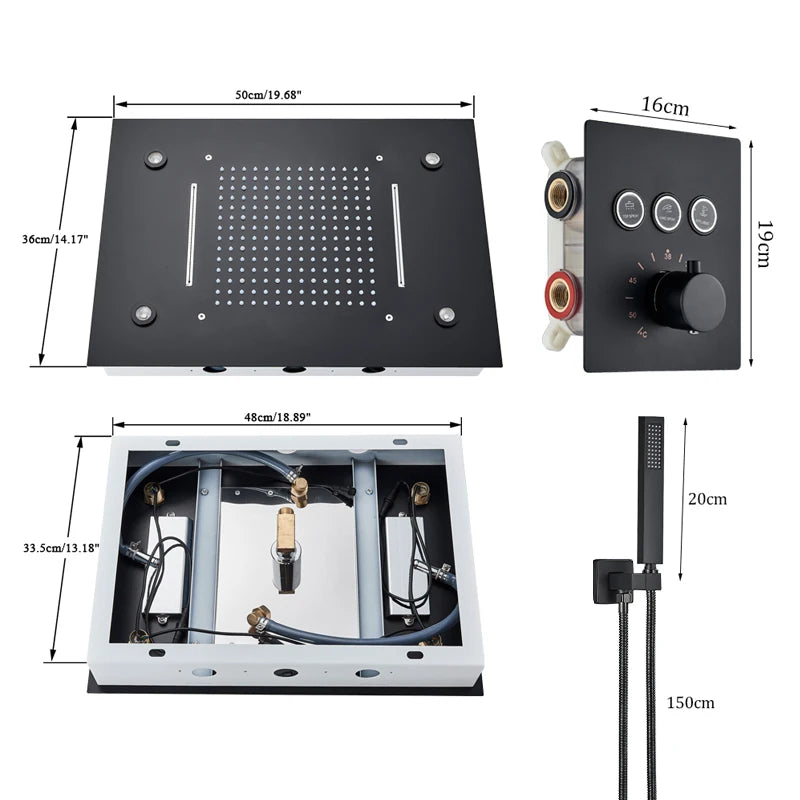 Shinesia Thermostatic Concealed LED Rainfall Shower System With Remote Control