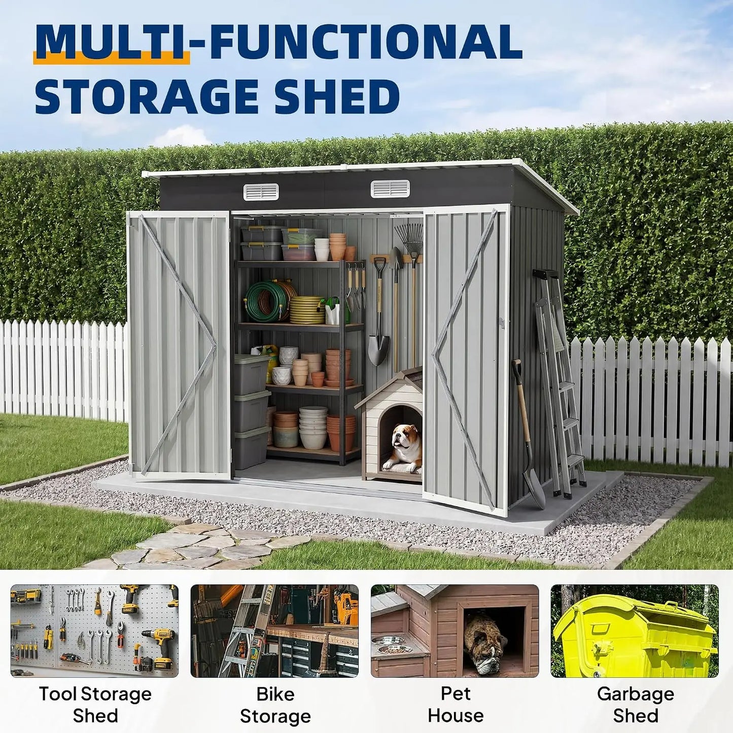 Metal Shed With Sloped Roof And Lockable Door For Outdoor Storage