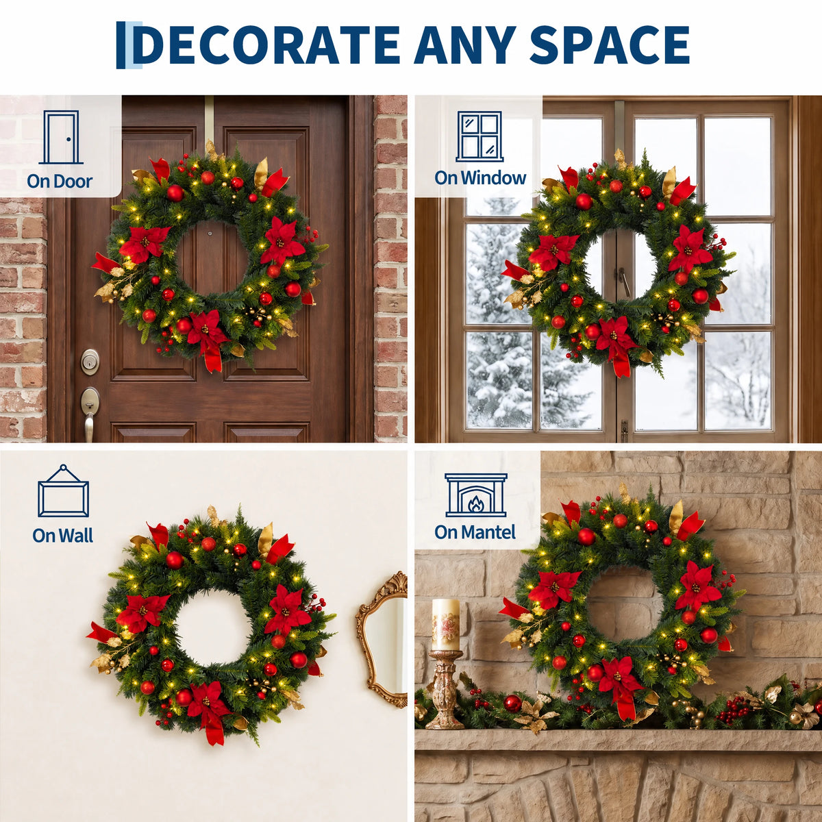 Artificial Christmas Wreath With Led Lights For Home Decor