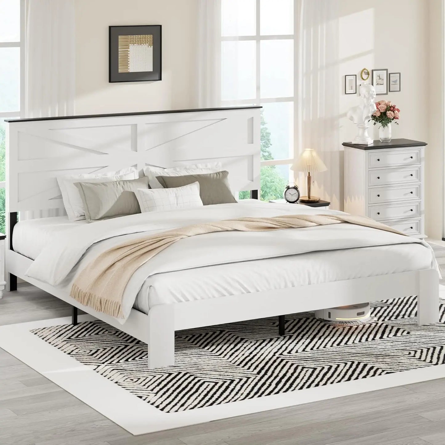GUANGBAI Farmhouse Boho Platform Bed Frame With Headboard