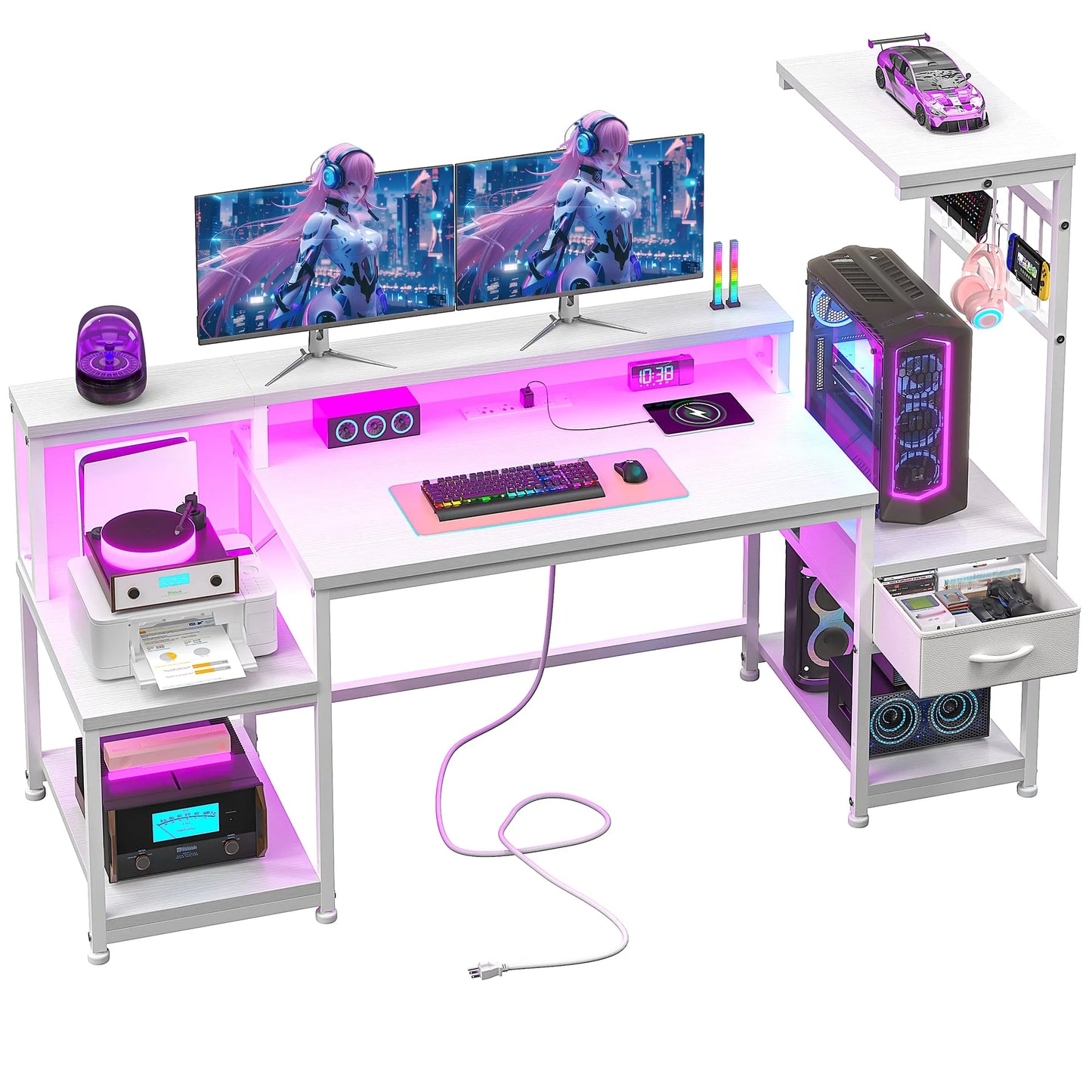 EnHomee 55 Inch Gaming Desk With Power Outlets And Storage