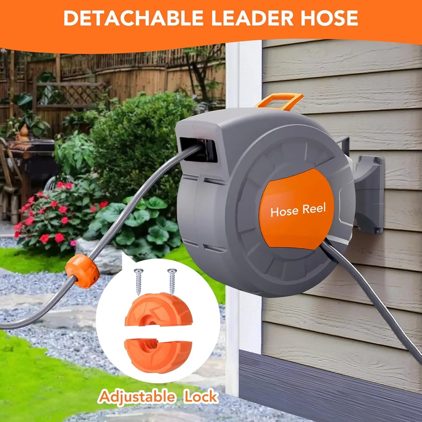 Retractable Garden Hose Reel 1/2 In x 100 FT Wall Mounted Water Hose Reels for Outside 180° Swivel Bracket & Any Length Lock