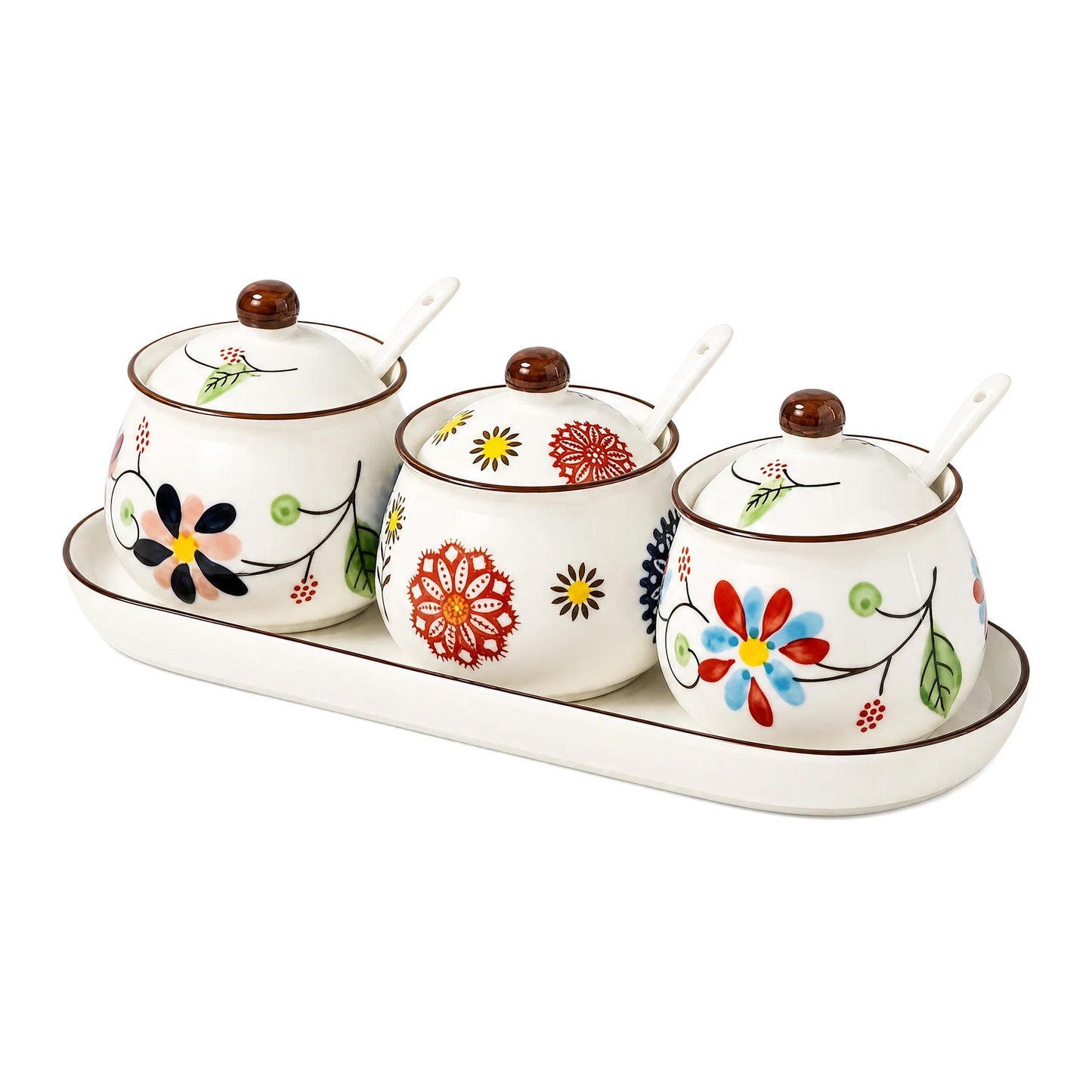 Three-Piece Ceramic Spice Jar Set With Tray Hand Painted Japanese