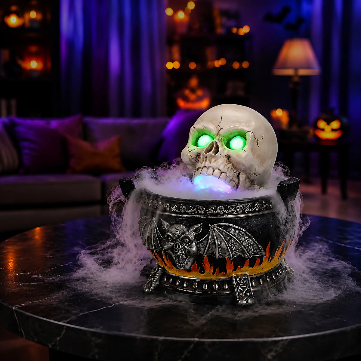 Halloween Skull Cauldron Statue With LED Light And Fog Effect