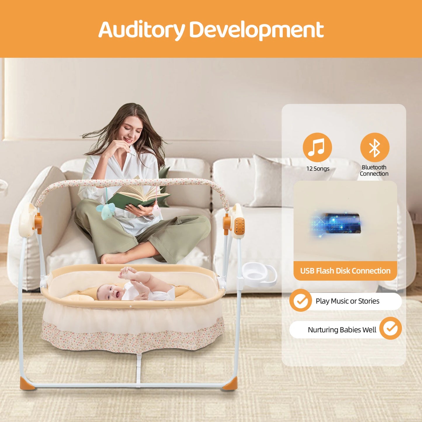 Foldable Electric Baby Cradle Swing With Remote Control Bluetooth Music