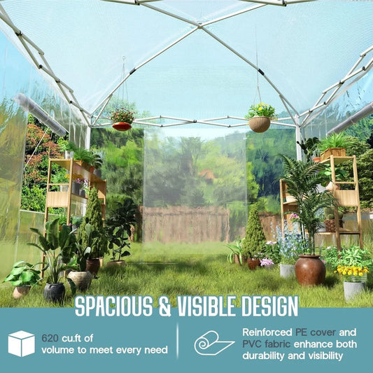 10×10×8.5 FT Outdoors Pop-up Greenhouses with Adjustable Reinforced Frame, Portable Walk in Greenhouse with 2 Roll-up
