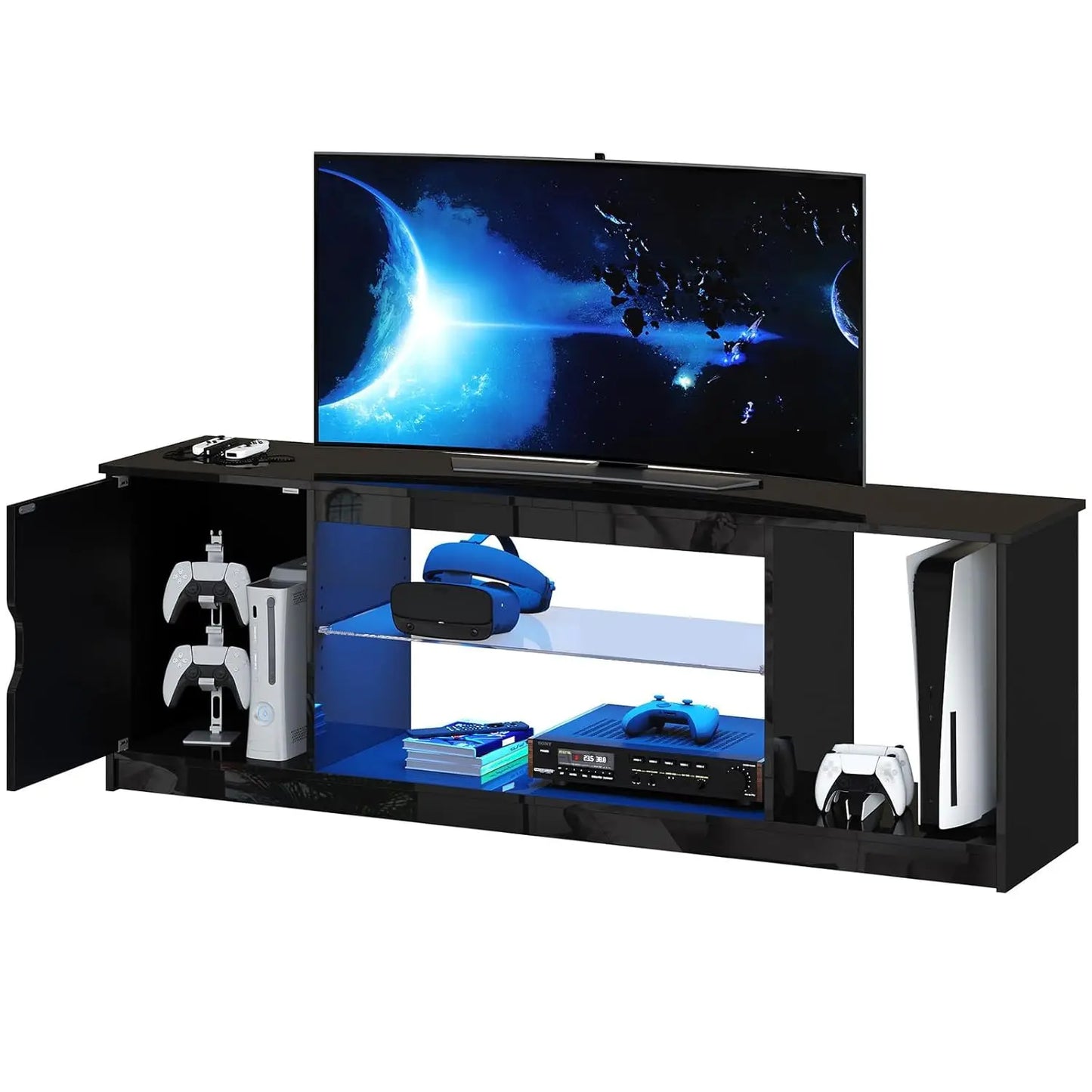 Gaming TV Stand With Power Outlets And Adjustable Glass Shelves